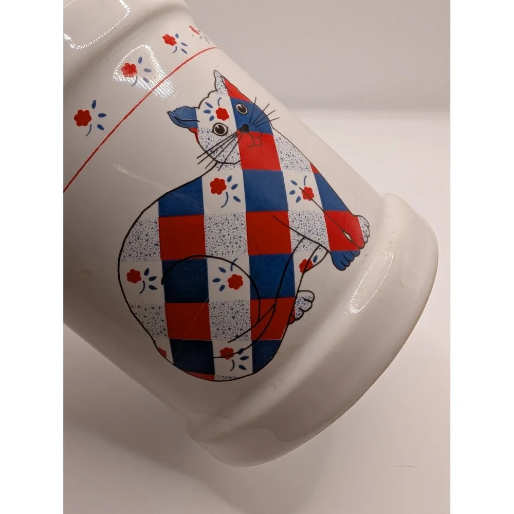 M Kamenstein Ceramic Milk Can Calico Cat Crock Patchwork Vase VTG 83